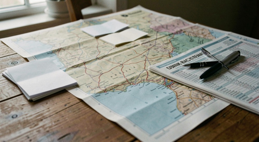 Map spread on a wooden table with three folded paper notes beside it and a pen resting across a train timetable in the afternoon light