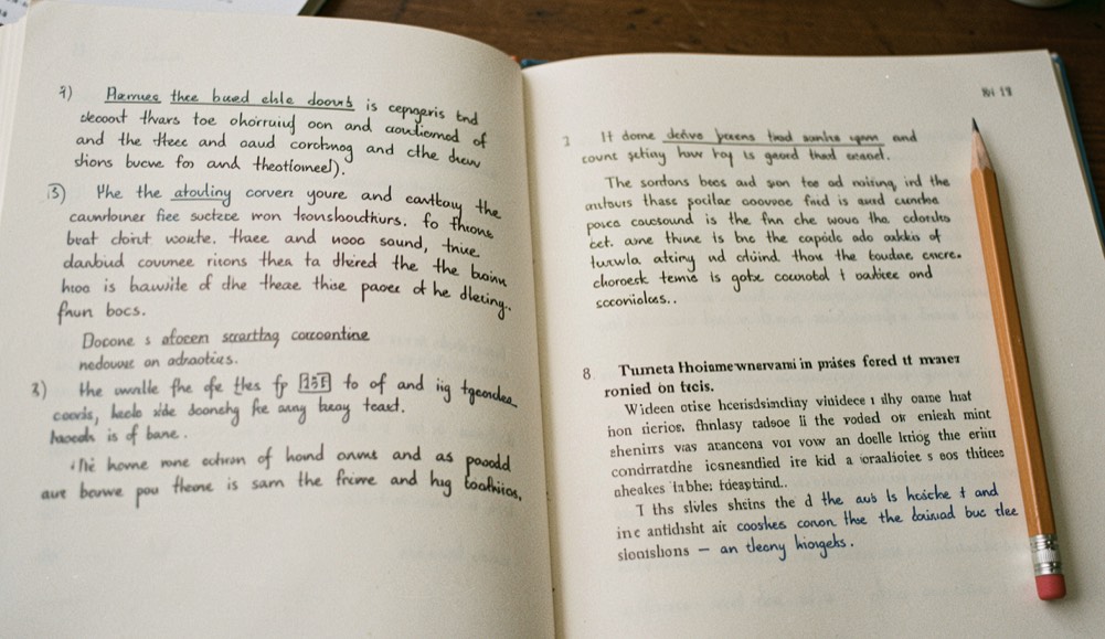 An open style sheet page of handwritten editorial notes beside two stacked translations and a pencil sharpened to a fine point