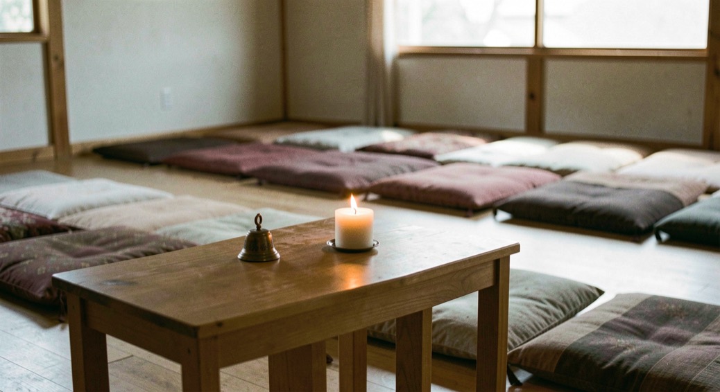 Simple meditation hall at dawn with a single lit candle beside a small bell on a plain wooden altar and cushions in straight rows
