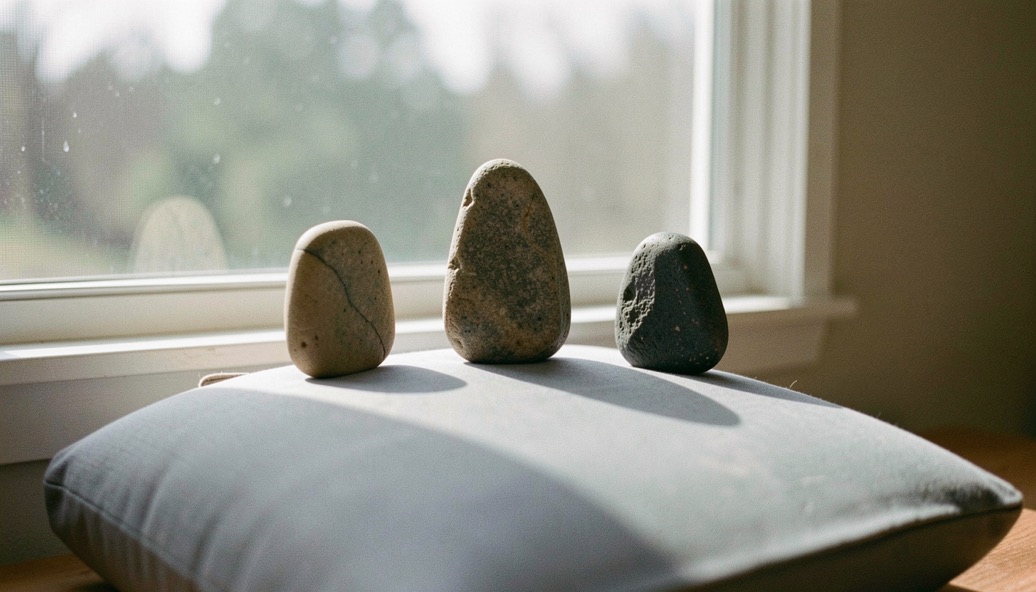 Three river stones of different sizes standing upright in a row on a windowsill above a meditation cushion in clear morning light